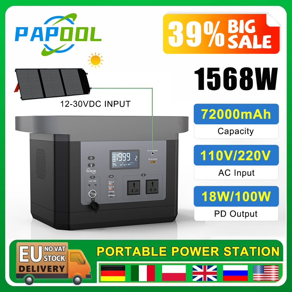 Portable Power Station 1500W 22.4V 72000mAh LiFePO4 Backup 300W 500W 1000W 2000W Solar Power Bank Rechargeable Generator NO TAX