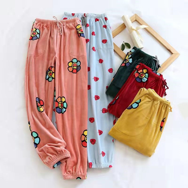 Winter Women's Flannel Pajama Pants Flower Home Pants Thickening Warm Closure Trousers Loose Elastic