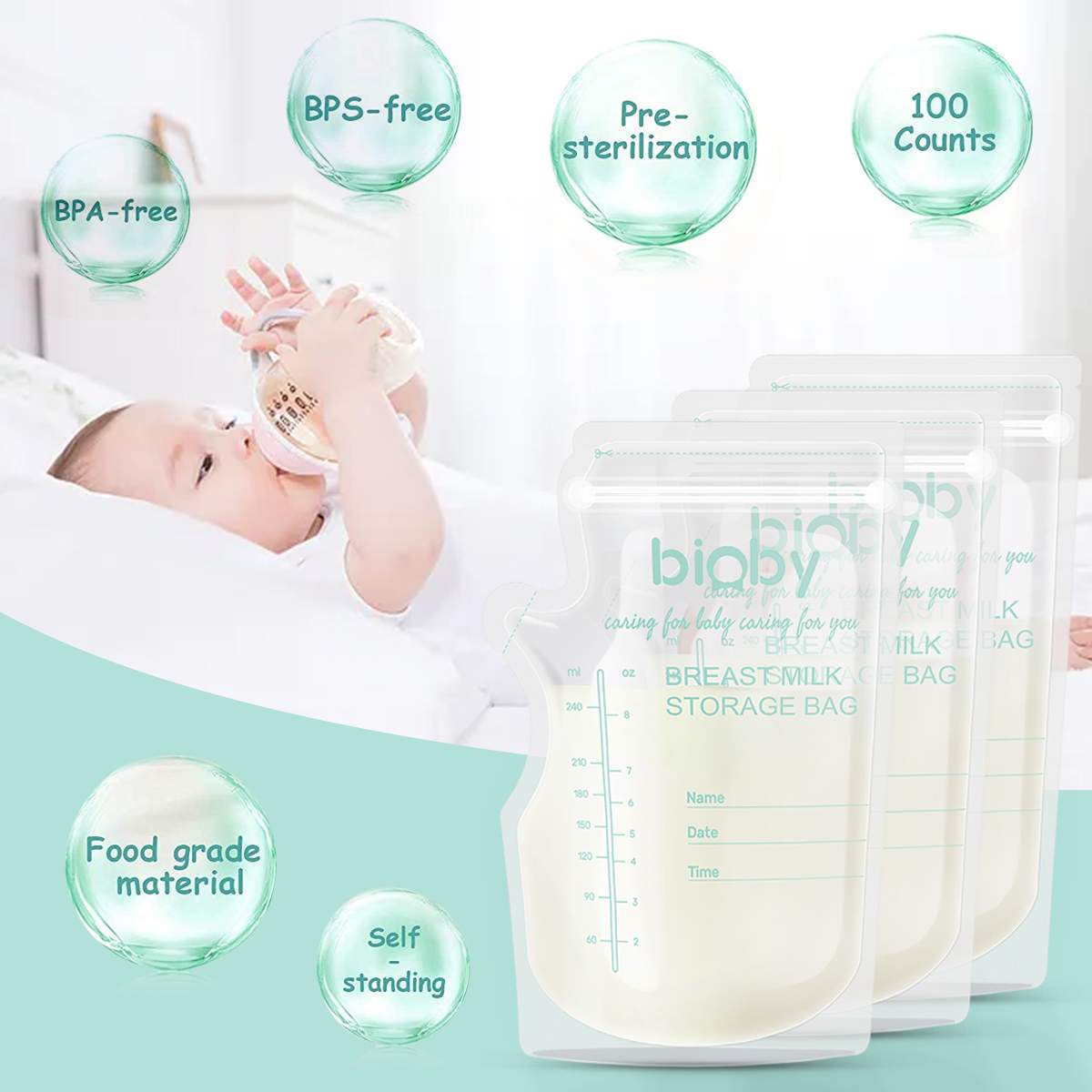 100Pcs 240ml Breastmilk Storage Bags 8Oz Milk Freezer Bags Milk Baby Food Storage Breast Milk Storage BPA Free Baby Safe Feeding
