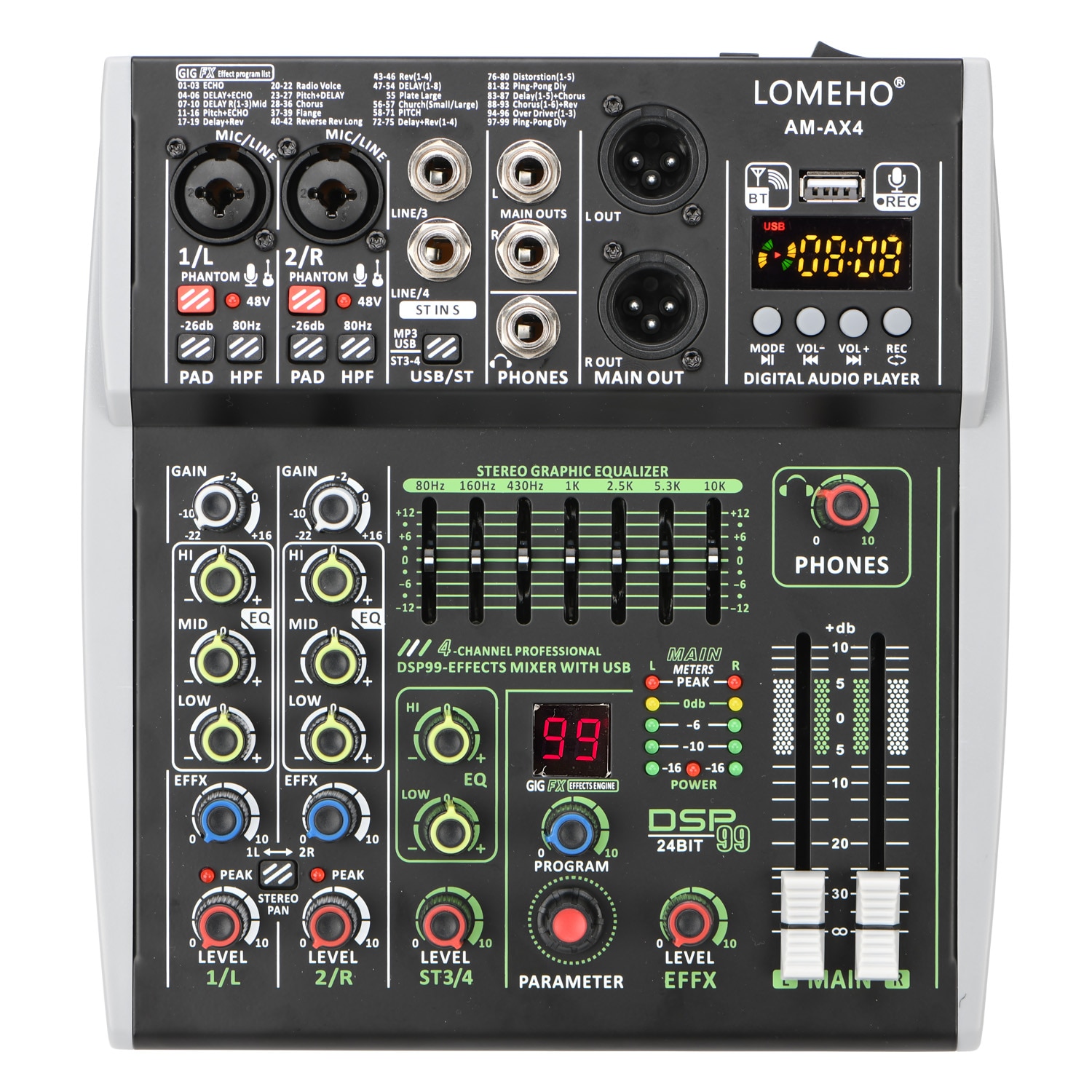 LOMEHO Mini 4 Channels Mixing Console Individual 48V 99 DSP Effects Bluetooth USB Computer Play Record Audio Mixer AM-AX4