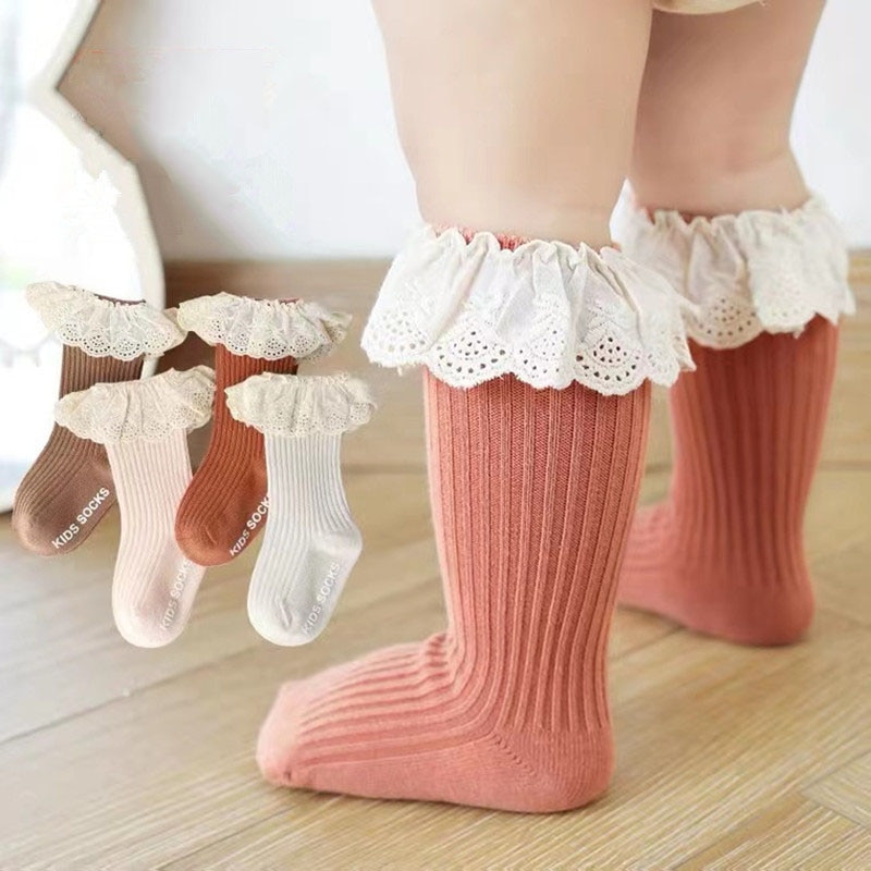 Baby Cute Socks 0-3Years Newborn Knee High Lace Socks Toddler Cotton Non-Slip Floor Sock Girls Spring Autumn Mid Tube Kids Socks