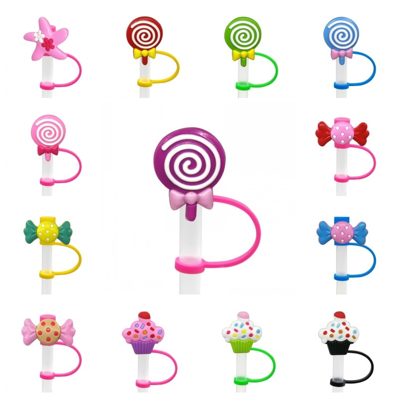 1PCS PVC straw cap lovely candy Cake shape Straw cover Reusable Airtight Drinking Dust Cap Splash Proof Drinking Straw toppers