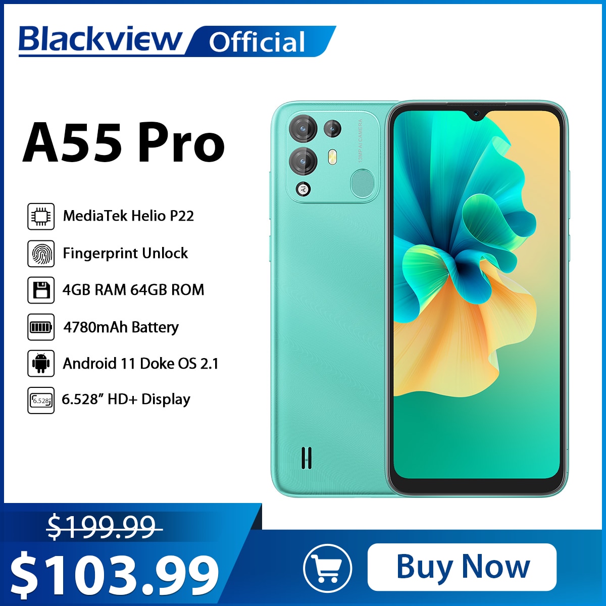 Blackview A55 Pro Smartphone Android 11 6.528" HD+ Display Mobile Phone 64GB Helio P22 Octa Core 13MP Camera 4780mAh 3 Card