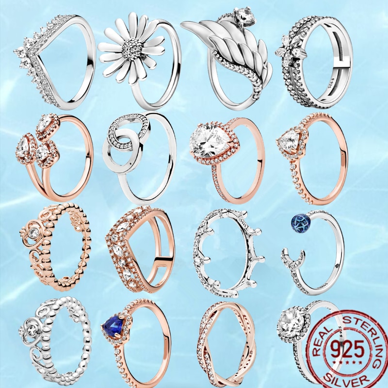 Original 925 Sterling Silver Ring Princess Wishbone Signature Circles Hearts Halo Infinity Eternal Love Rings for women Jewelry