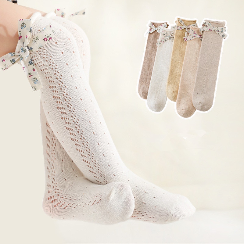 New Baby Girls Socks Summer Kids Long Floral Bow Sock Knee High Mesh Thin Socks Hollow Out Soft Cotton Infant Socken