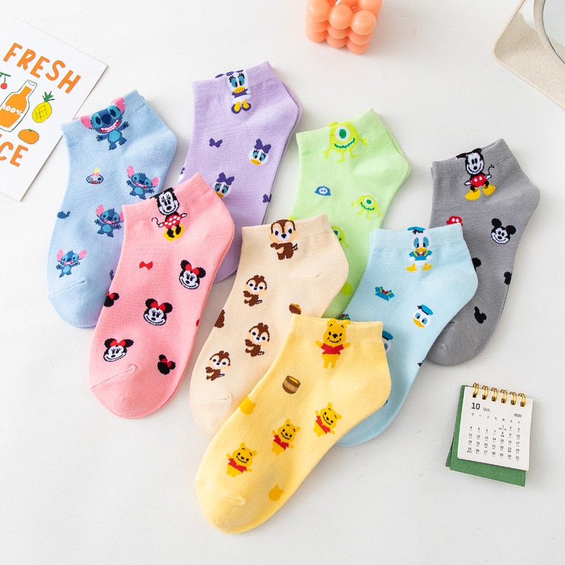 3 Pairs Disney Women Socks Cartoon Mickey Minnie Winnie Daisy Donald Stitch Cotton Ankle socks Funny Short socks size 35-40