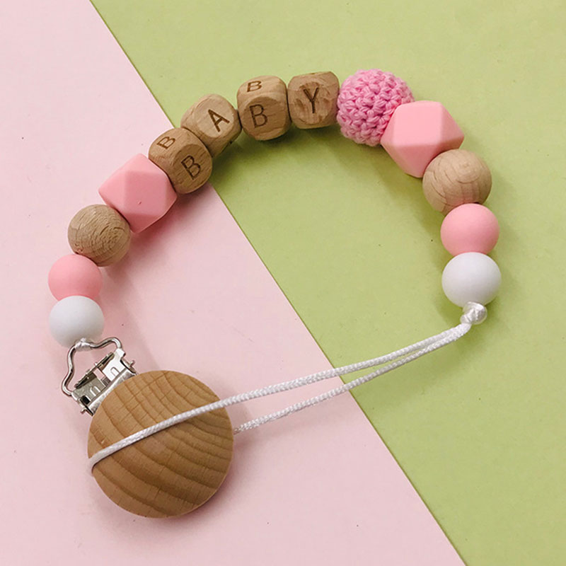 Wooden Pacifier Leashes for Baby Toddler Care Safe Teething Toy Chain Wood Beech Bead Silicone Bibs Pacifier Clips Chains Leash
