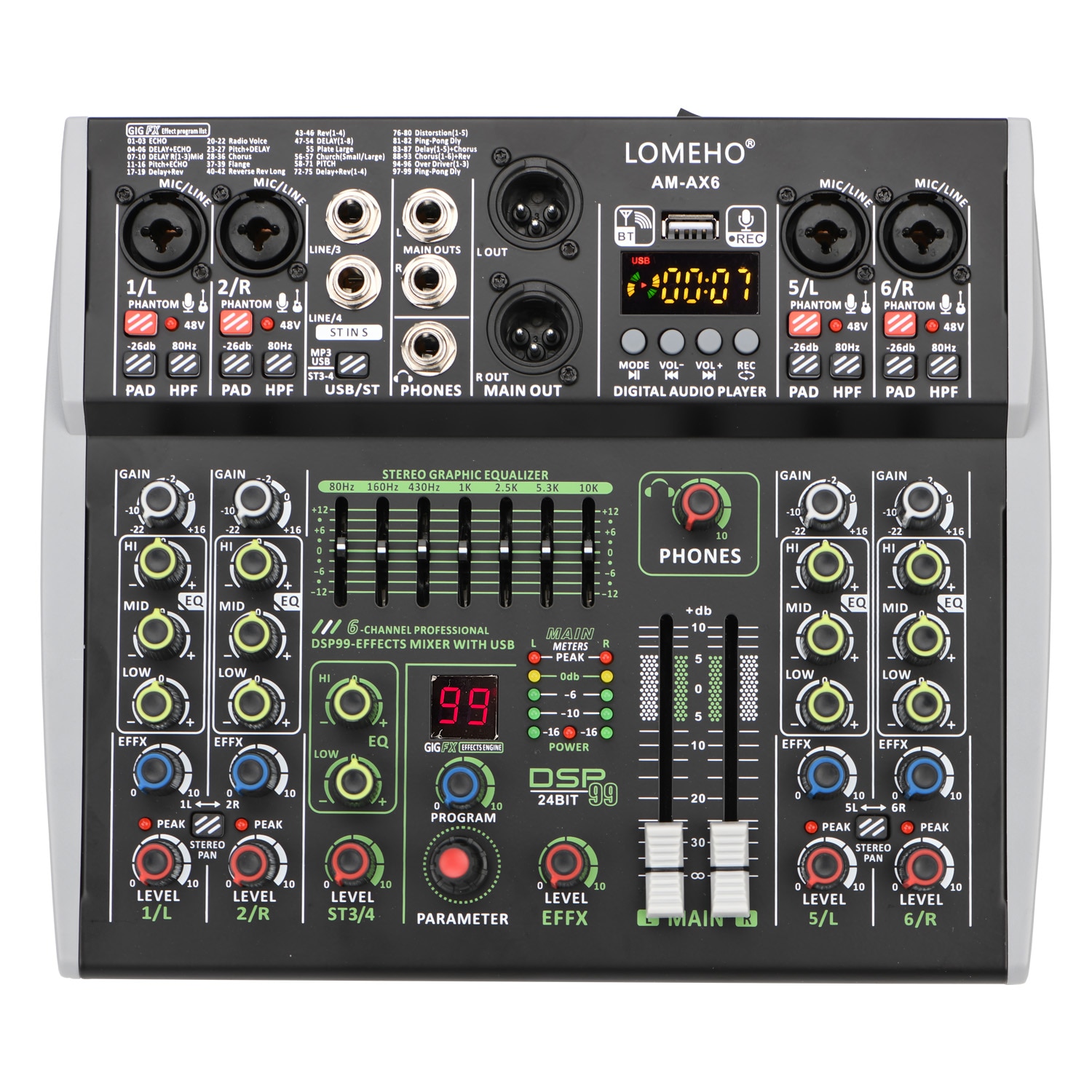 AM-AX6 Mini Channels Individual 48V Phantom Power Mobile 99 DSP Effects Bluetooth USB Computer Play Record Podcast Audio Mixer