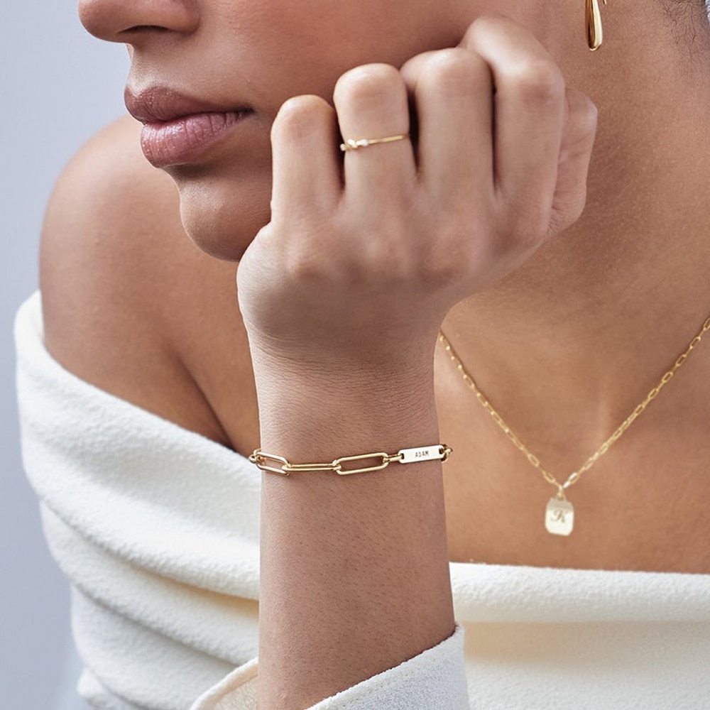 Customized Engraved Name Bracelet Luxury gold Stainless Steel Jewelry For Women Personalized Paperclip Chain Adjustable Bracelet