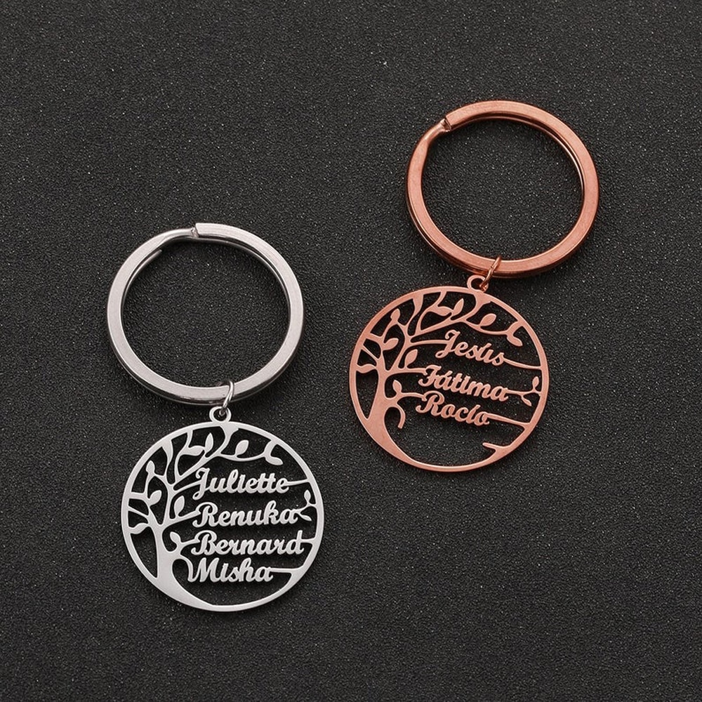 Personality Keychain Family Tree Tree of Life Stainless Steel Keychain Round Multi-nameplate Accessories Family Gift for Parents