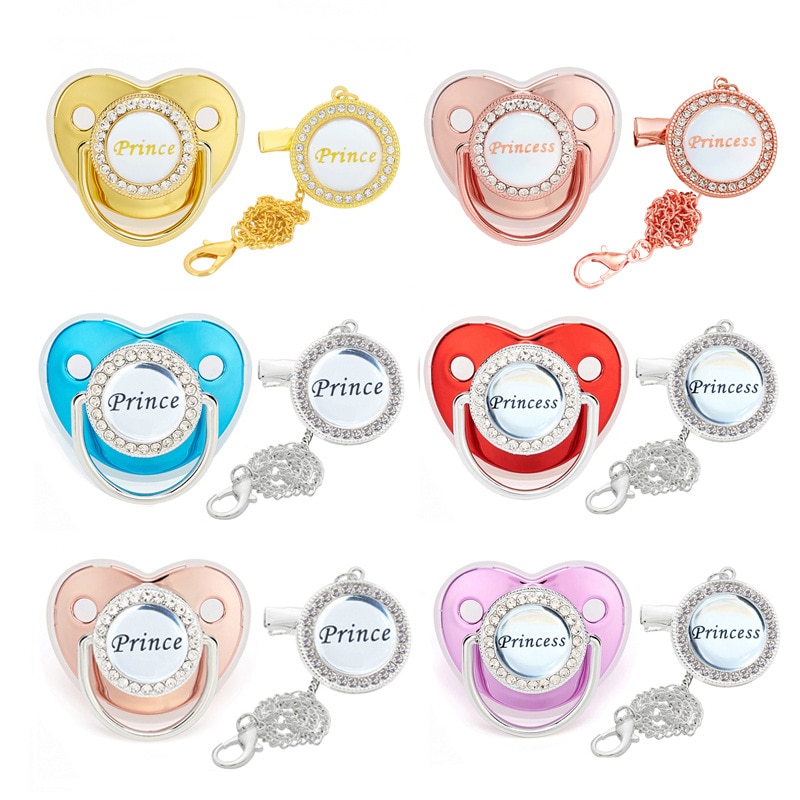 Luxury Bling Baby Pacifier Clips Rhinestone Baby Dummy Silicone Baby Soother with Chain Baby Shower Gifts Twins Prince Princess