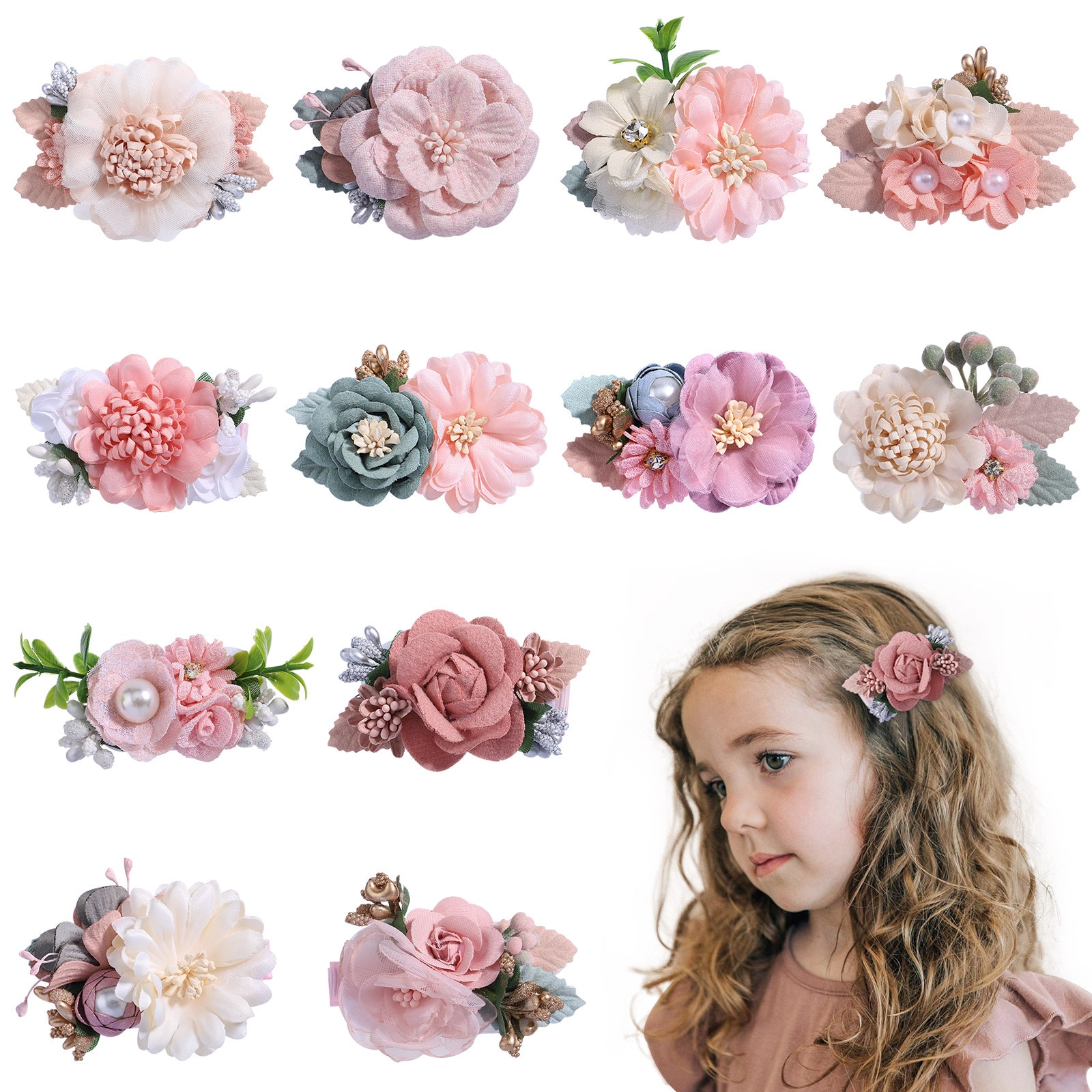 Baby Girls Hair Clips with Flower Petals Hairpins Pearl Chiffon Hair Decorate Headwear girls Hair Clips Kids Hair Accessories