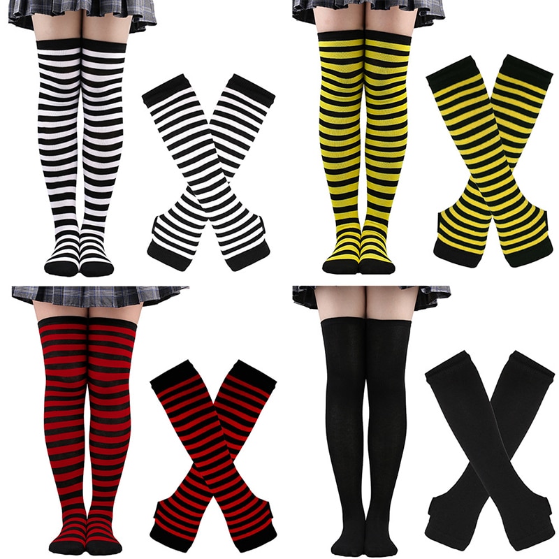 1 Set Female Over Knee Stripe Printed Tights Highs Long Stockings Cotton gothic Socks Gloves Harajuku Style Hosiery & Arm Sl