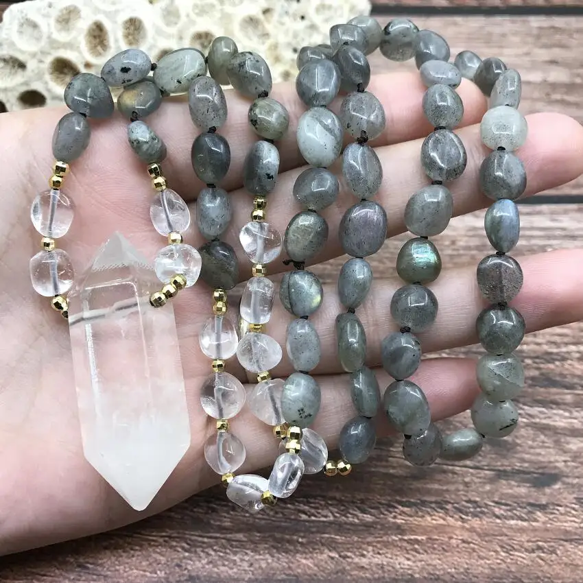 Natural Labradorite Bead Yoga Mala Prayer Necklaces Quartz Crystal Double Point Pendant Knotted