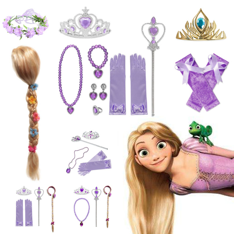 Disney Rapunzel Princess Gloves Wand Crown Jewelry Set Rapunzel Wig Braid for Princess Dress Clothing Cosplay Accessories