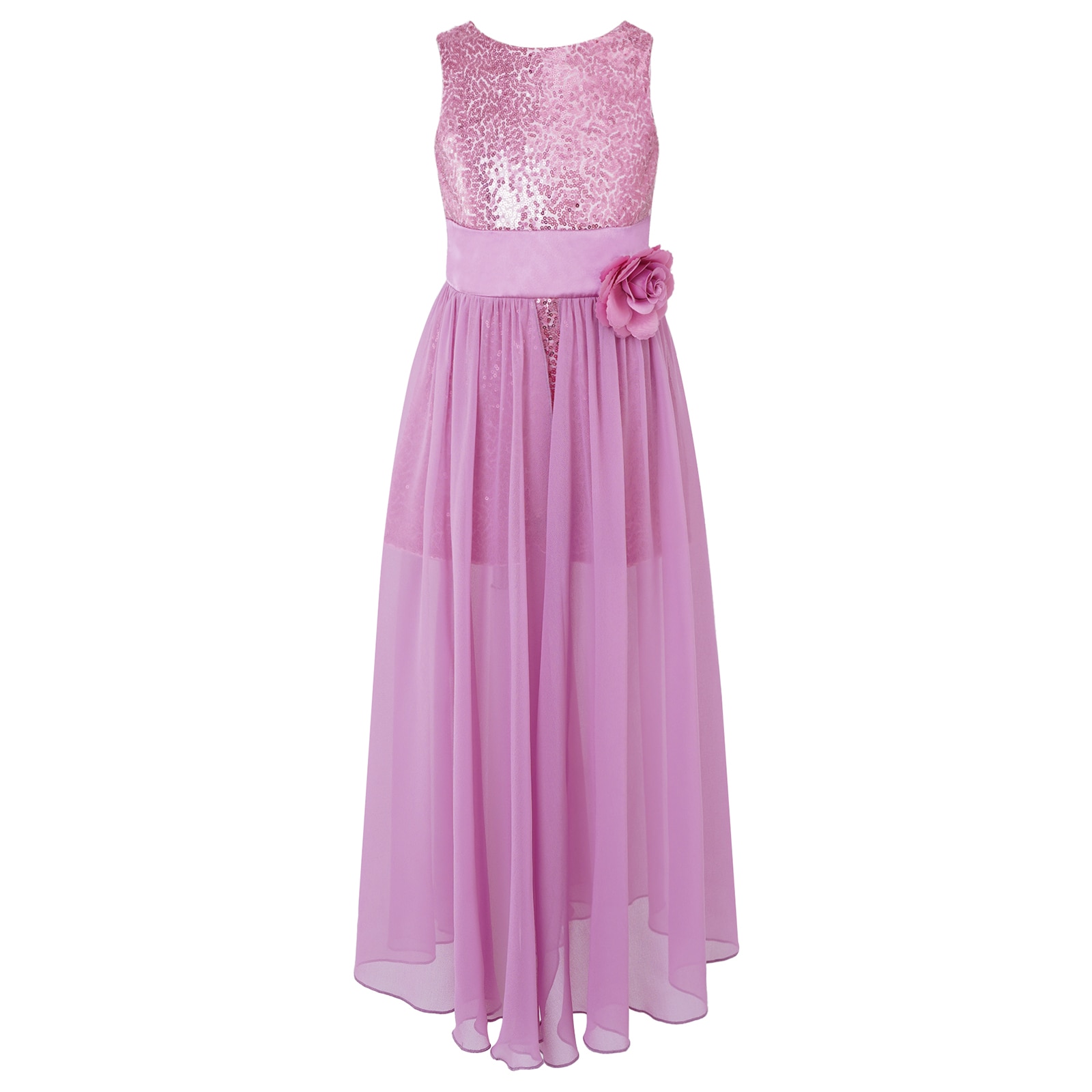 Kids Girls Sleeveless Flowers Party Dress Leotards Shiny Sequin Chiffon Skirt Floor-length Maxi Dress for Wedding Birthday Prom