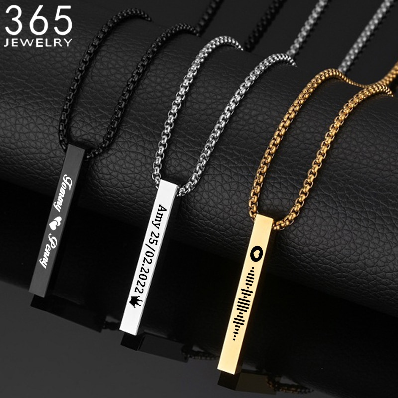 Engrave 4 Sides Name Date Custom Stainless Steel Thick Chain Necklaces for Women Personalized Square Bar Pendant Jewelry Gift