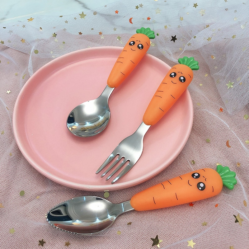 Baby Gadgets Tableware Children Utensil Stainless Steel Toddler Dinnerware Cutlery Cartoon Carrot Baby Gadgets Feedkid