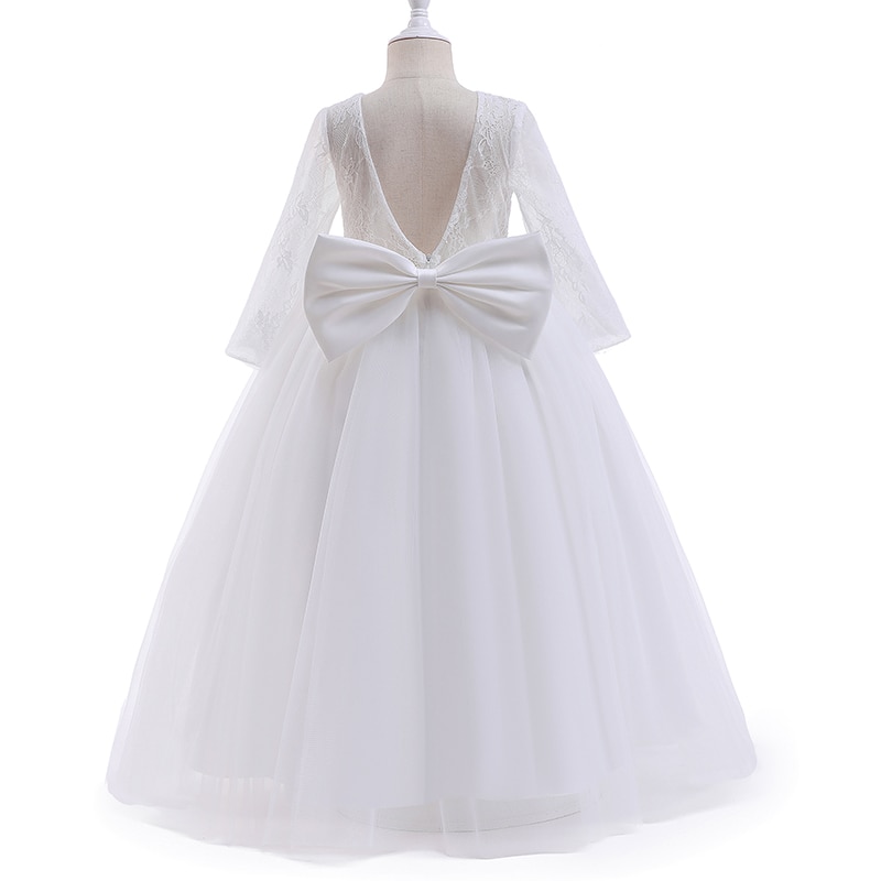 Girl Lace Sleeve Princess Dress For Wedding Children White 1st Communion Long Sleeve Bow Gown Kids Birthday Party Flower Vestido