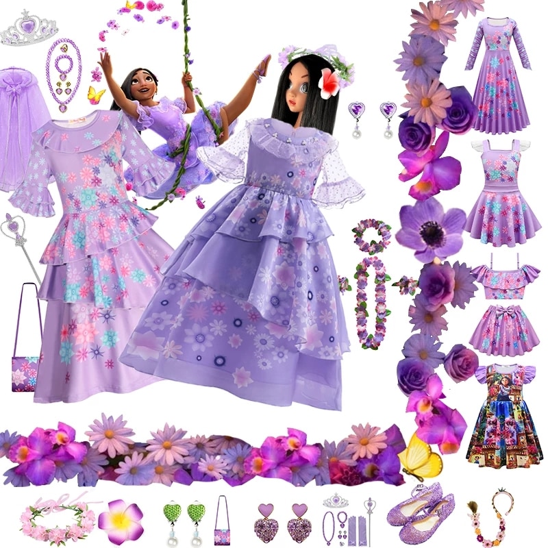 Disney New Encanto Cosplay Isabella Charm Purple Mesh Clothes Girls Princess Costume Kids Fancy Dresses For Birthday Party Frock