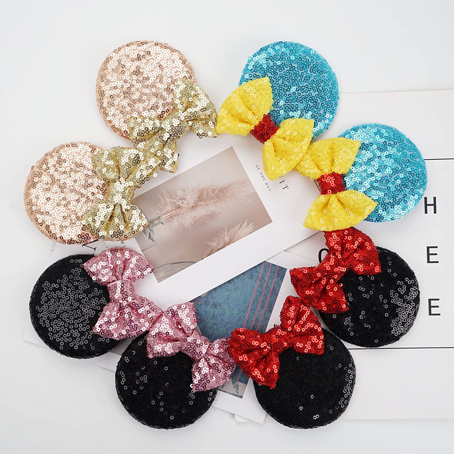 2PCS Mouse Ears Clips Sequin Mickey Ears Barrettes Bow Ears Clips Glitter Hair Accessories for Theme Costume baby headbands