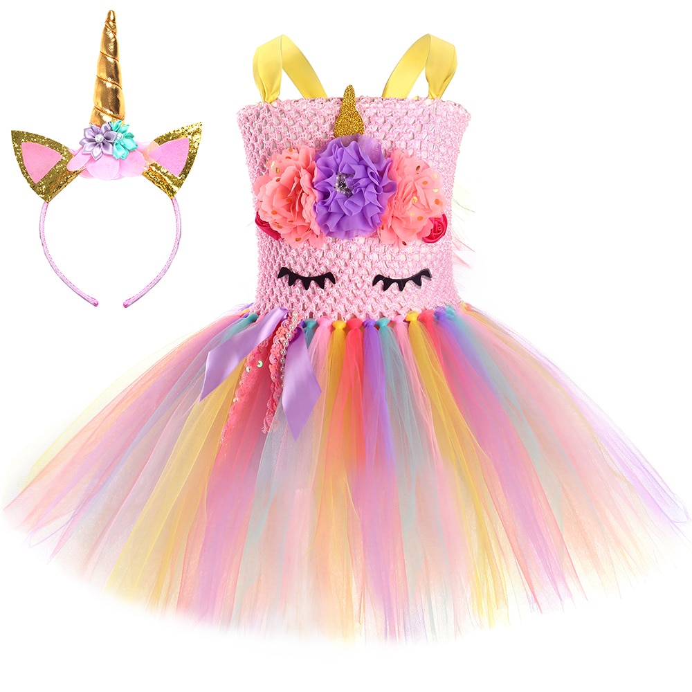 Rainbow Girls Unicorn Tutu Dress for Birthday Party Gown Flowers Baby Girl Tulle Princess Dress Kids Halloween Cosplay Costumes