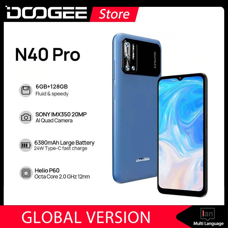 DOOGEE N40 Pro 6.52" 6GB+128GB Smartphone 20MP AI Quad Camera Helio P60 Octa Core 24W Fast Charging 6380mAh Battery