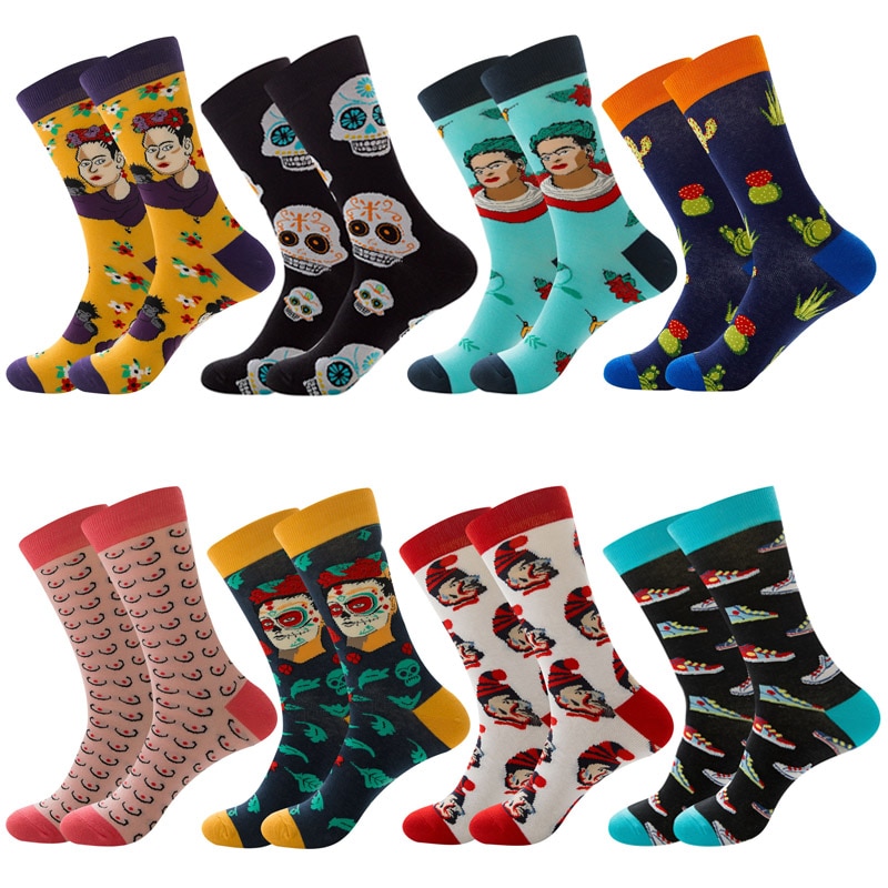 Men's Cartoon Socks Happy Unisex Crew Harajuku Mexican Skull Cactus Novelty For Women Kawaii Funny Spoof Cotton Socks