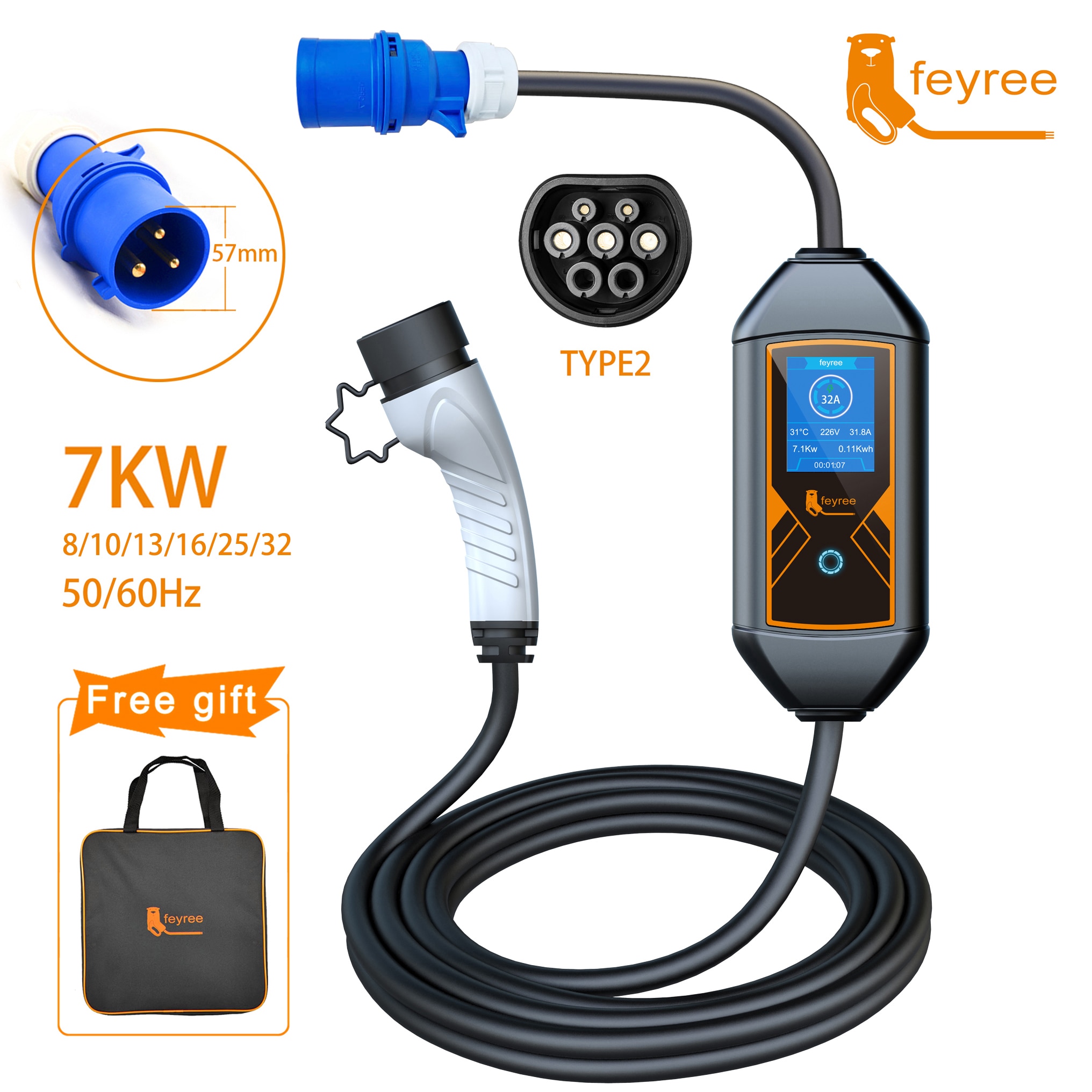 feyree Portable EV Charger Wallbox Type2 Cable 32A 7KW with CEE Plug EVSE Type1 Charging Box j1772 Adapter for Electric Vehicle
