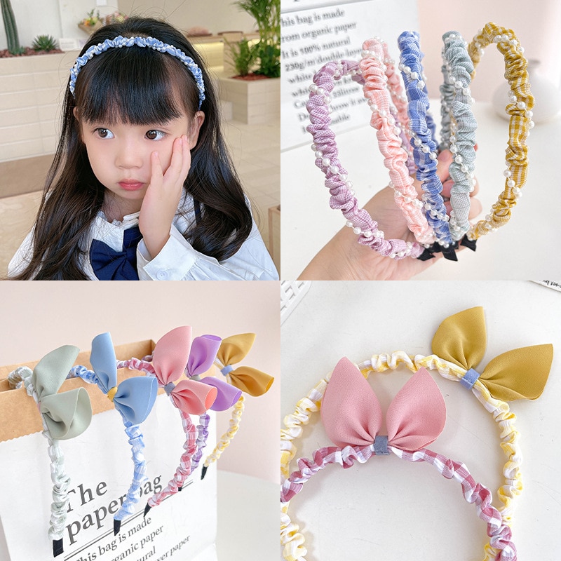2022 Fashion Girl Bow Headband Fresh Pleated Little Girl Pearl Headband Headband Princess Bow Head Children's Hair Accessor