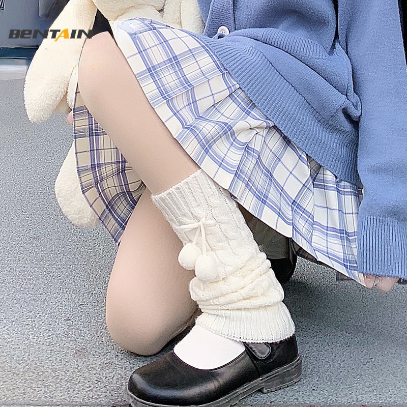 Women's Lolita Socks Leg Warmers White Ball Knitted Long Knee Foot Cover Ladies Girls Autumn Winter Spring Arm Leg Warmer S
