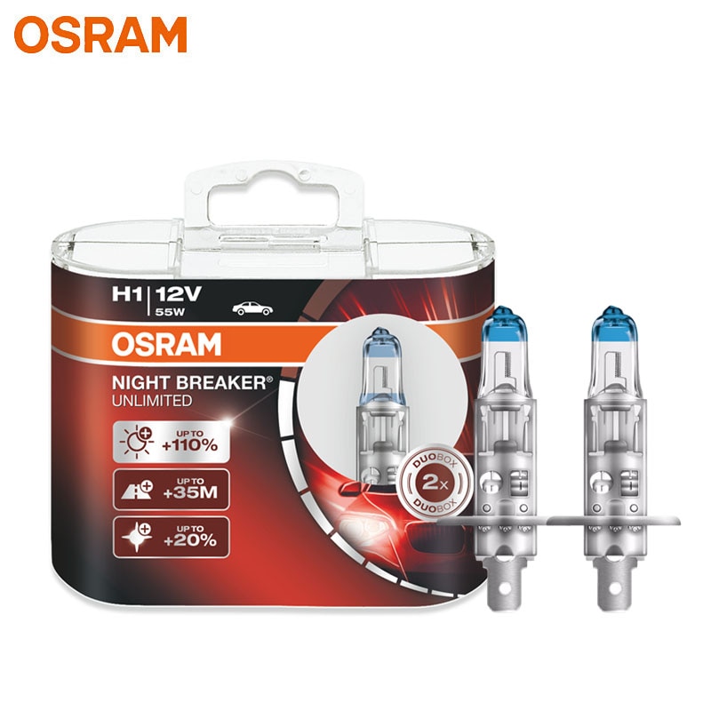 OSRAM H1 55W Night Breaker Unlimited 12V 64150NBU +110% Bright White Car Headlight Fog Lamp Genuine Halogen Lamp 3400K (2 Pcs)