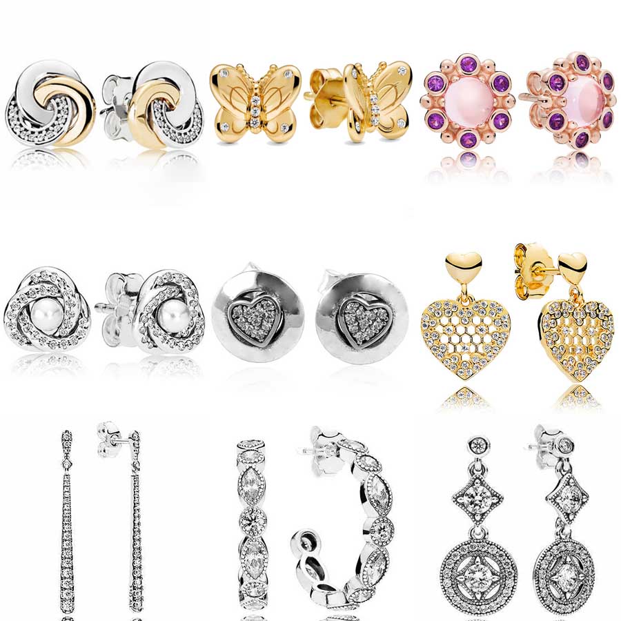 925 Sterling Silver Vintage Allure Luminous Love Knot Butterflies Signature Earring With Crystal For Women Gift Fashion Jewelry