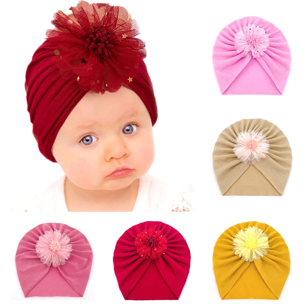 Summer Autumn Baby Beanies Lovely Flower Turban Hats Sweet Soft 0-3T Elastic Caps for Newborn Baby Boy Girls Headwraps