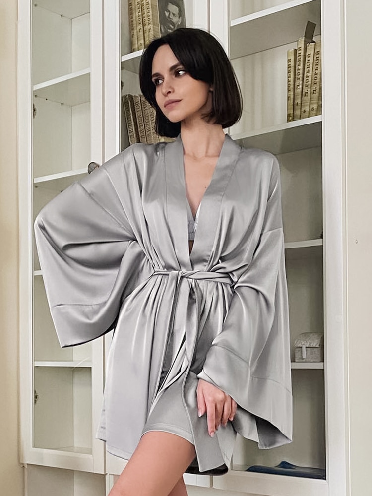 Hiloc Sexy Women's Dressing Gown Flare Sleeve Bathrobe Female Black Loose Robes Women V-Neck Women's Nightwear With Sa