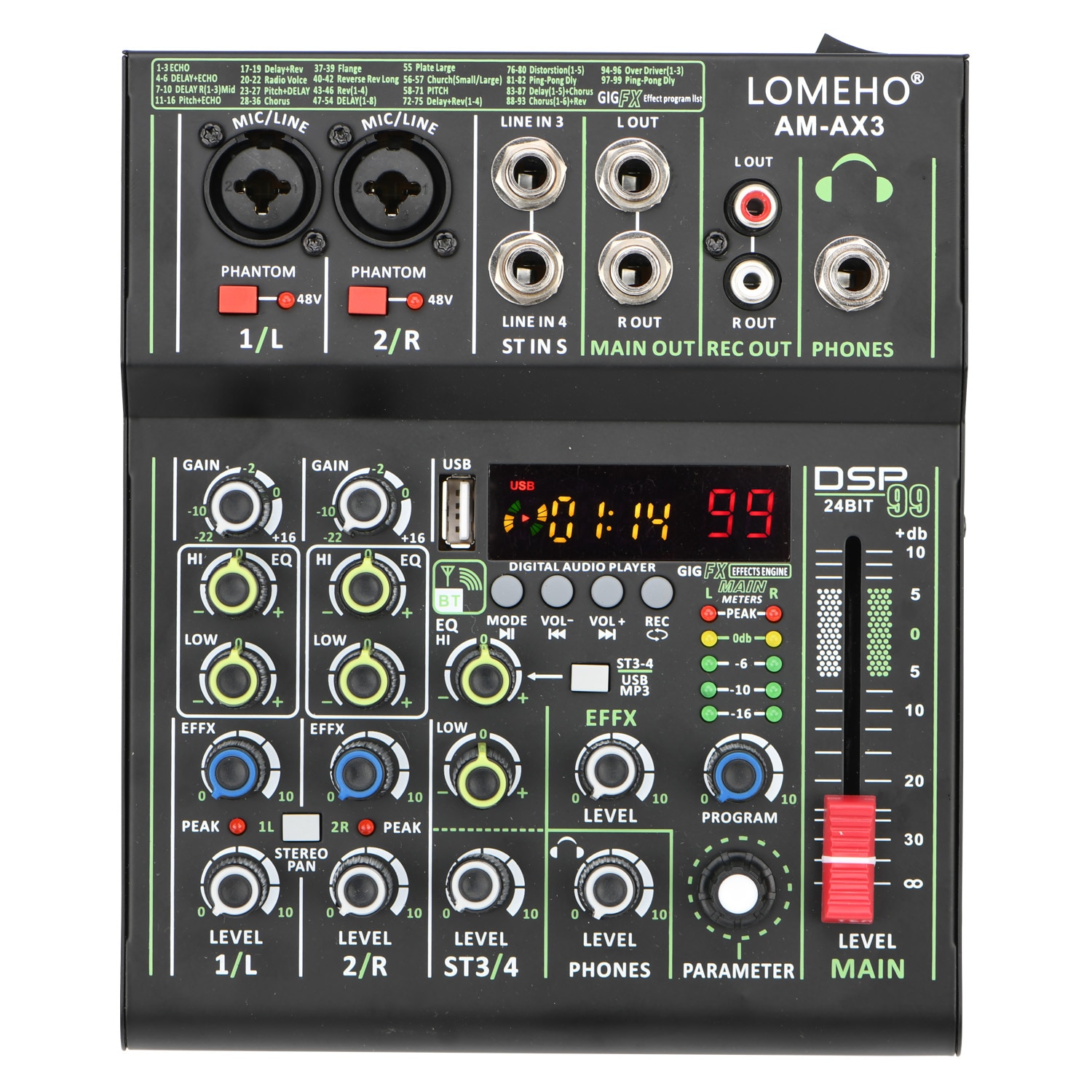 LOMEHO Mini Portable 99 DSP Effects 4 Channels Audio Mixer USB Play and Record Individual +48V Phantom Power Sound Mixing AM-AX3