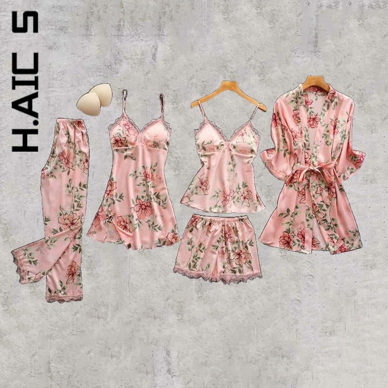 Ammug Fashion Spring Pink Pajamas Sets Womens Strap Top Pants Sleepwear Suit Home Wear Nightwear Kimono Robe Bath Gown