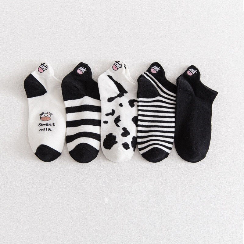 5 Pairs Women Socks Four Seasons Cow Print Cartoon Sock Harajuku Cotton Short Socks Striped Solid Comfortable Casual Ankle Socks