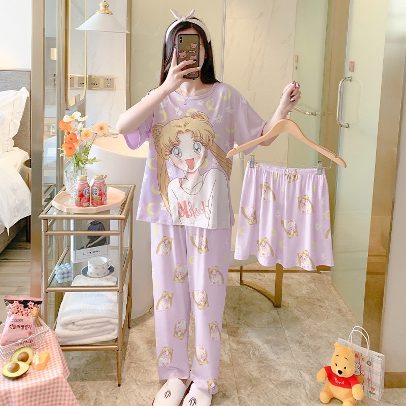 Short Sleeve Pajamas Set For Women 3 Pieces Sleepwear Summer Casual Home Clothes Korea Style Cartoon Nightwear Loungewear Suit
