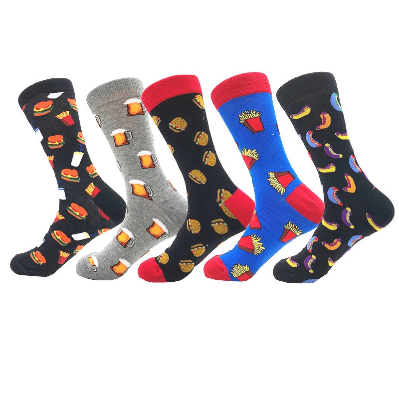 Novetly Men's Socks Combed Cotton Hamburger Pizza Beer Pattern Funny Cute Cartoon Food Fashion Street Skateboard Socks eu38