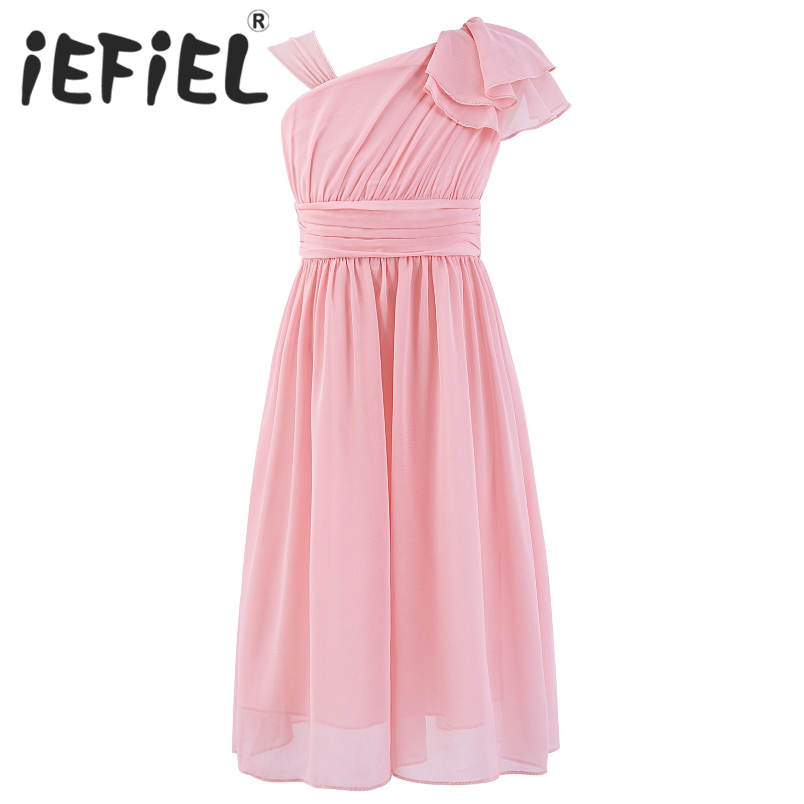 Kids Girls Flower Chiffon Dress Ruffle Irregular Shoulder Pleated Party Dress for Birthday Wedding Bridesmaid Summer Clothes
