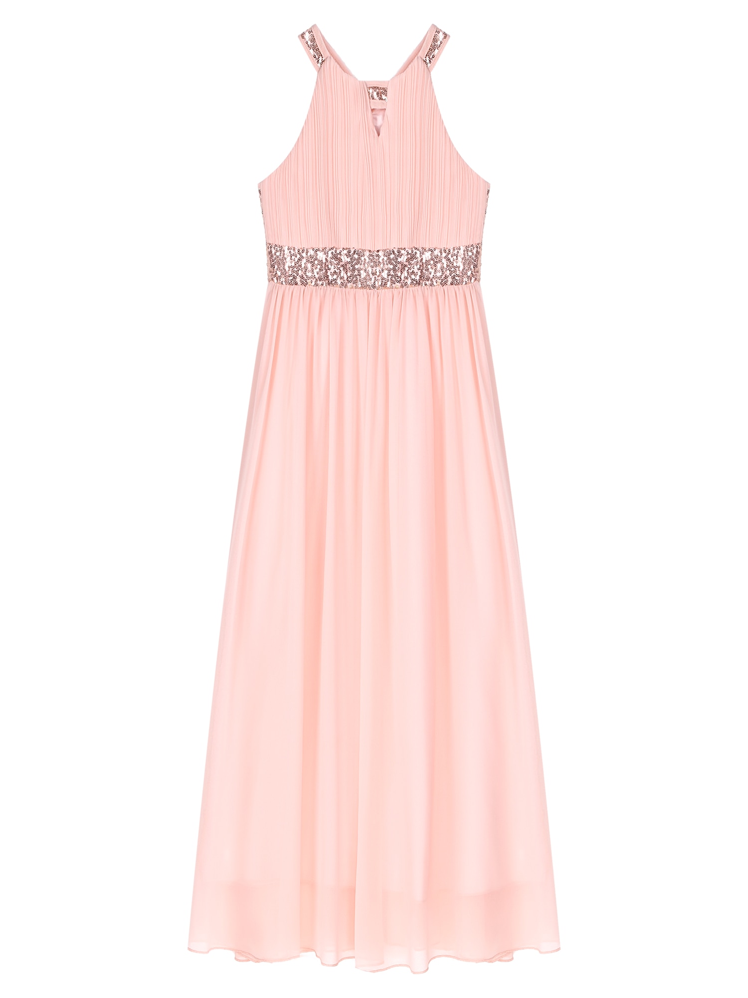 Kids Girls Shiny Sequin Chiffon Dress Ruched Bodice Sleeveless Cut-out Floor Length Party Dress for Evening Wedding