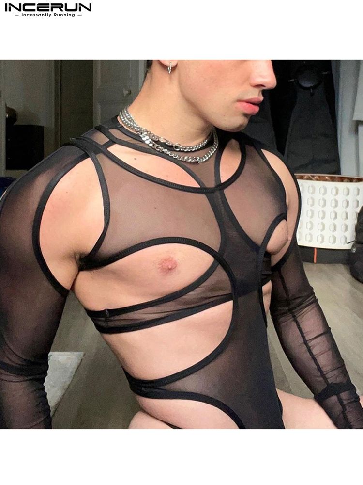 INCERUN Men Bodysuits Mesh See Through 2022 Hollow Out Irregular Bodysuit Underwear Sexy O-neck Long Sleeve Men Rompers Pajamas