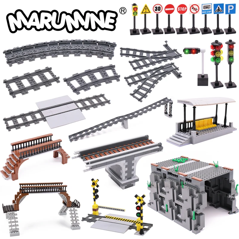 Marumine MOC City Train Railway Build Model Kit Soft Cruved Straight Tracks Traffic Light Tunnel