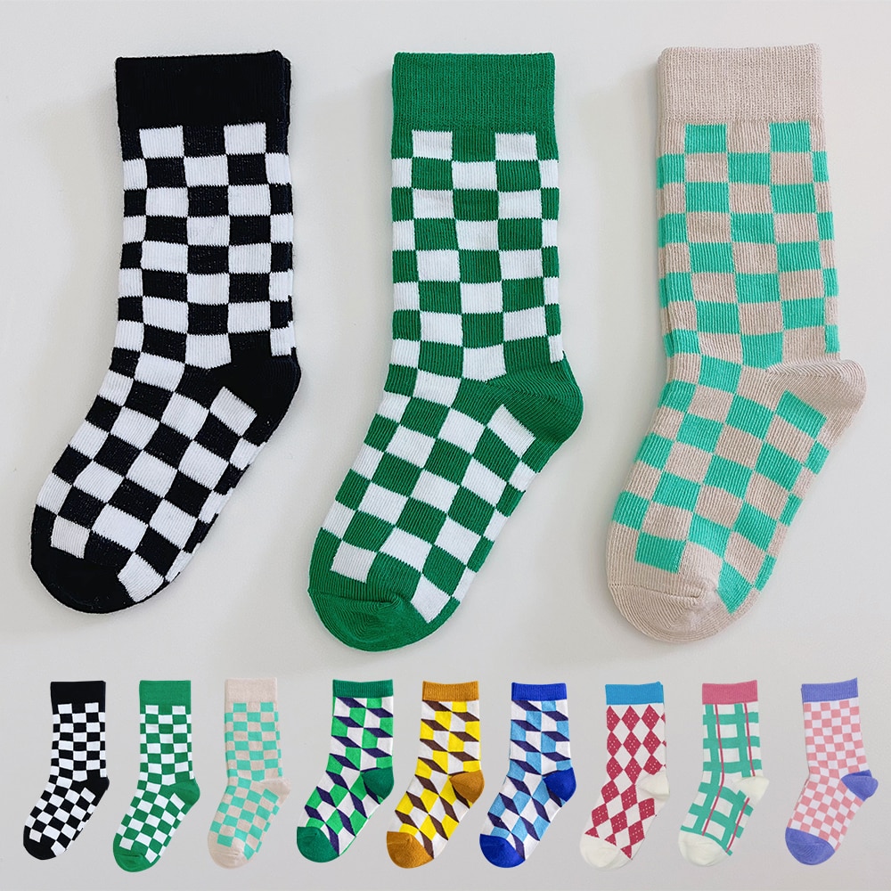 1-9 Years New Children's Socks Black White Checkerboard Kids Socks Breathable Soft Cotton Boys and Girls Sports Socks Crew 