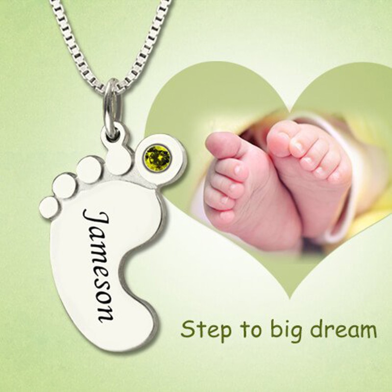Personalized Name Necklace for Mother Custom Stainless Steel Baby Feet Pendant Necklace for Mom with Birthstone Kids Gift