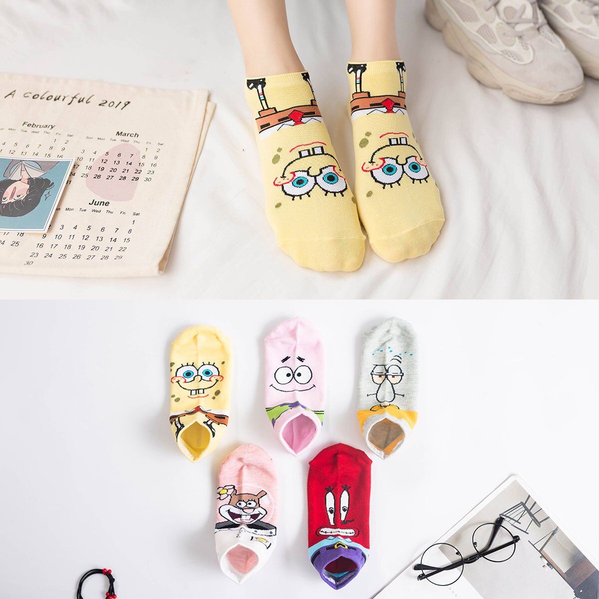 5 Pairs of Summer Socks Cartoon Creative Ladies Cotton Socks Japanese and Korean Animation Pattern Socks Printing Non-slip Socks