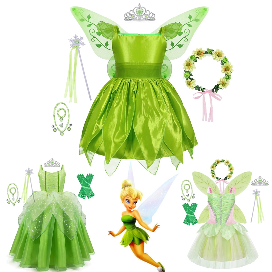 Tinkerbell Halloween Cosplay Princess Baby Girl Party Green Flower Fairy Tinker Bell Dress Elf Costume with Butterfly Wings Sets