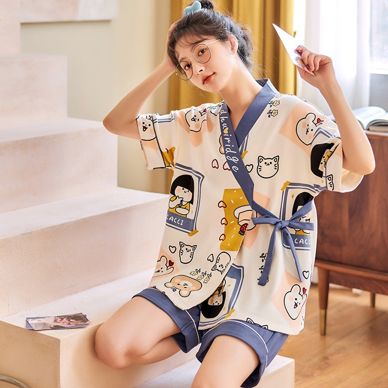 Women Kimono Pajamas Set Short Sleeve Sleepwear Summer Kawaii Pyjama 2 Pieces Japan Style Homewear Harajuku Girls Nightwear 2022