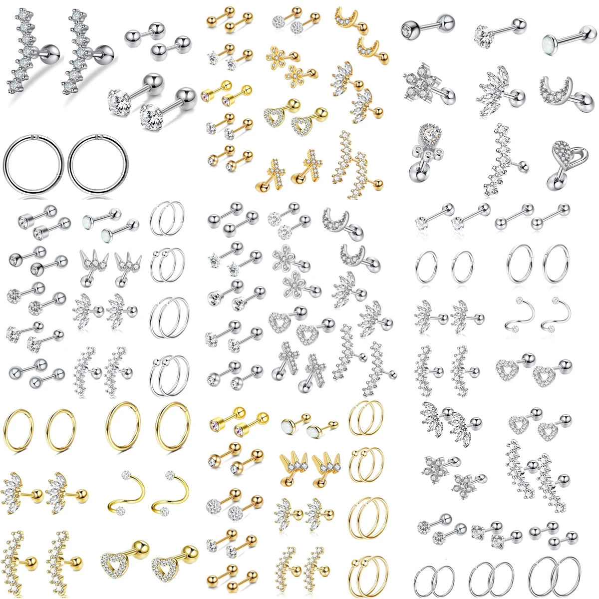 24/36PC Fashion Crystal Zircon Cartilage Earrings Set Women Spiral Tragus Earrings Stainless Steel